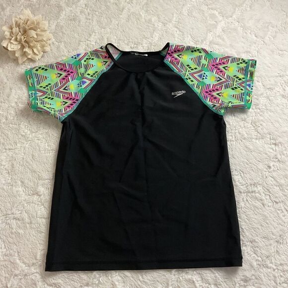 Speedo Short Sleeve Swim Top UV50+ Women's Small Black and Multi Color - Picture 1 of 7